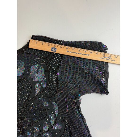 VTG Pete's Black Silk Multicolor Sequin Beaded Short Sleeve Blouse Top Women's M - Picture 9 of 10